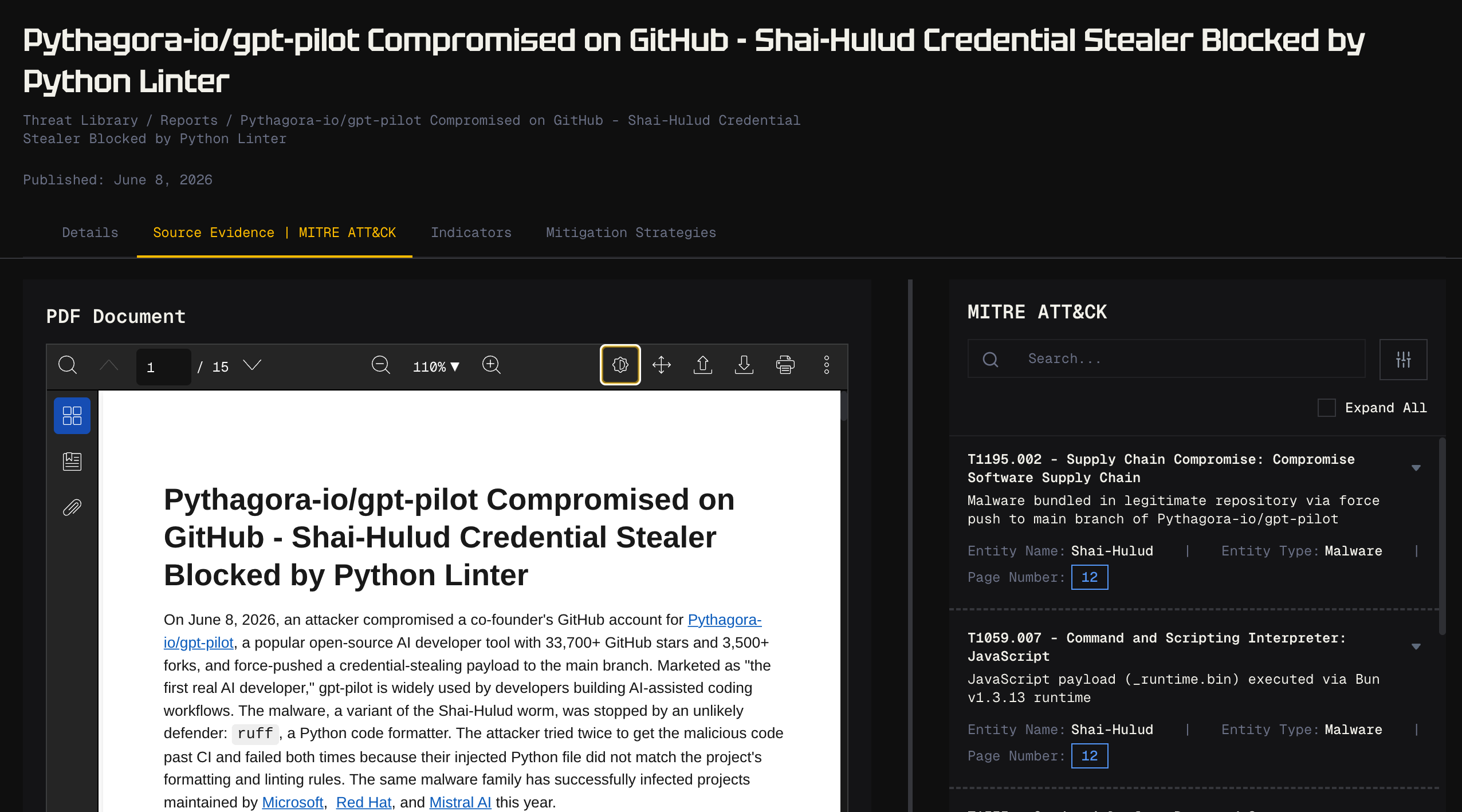 Sol report view — Pythagora-io/gpt-pilot compromised on GitHub, Shai-Hulud credential stealer, source evidence and MITRE ATT&CK panel